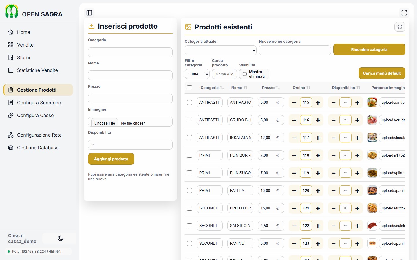 Pagina Gestione Prodotti: inserimento e modifica del menu
