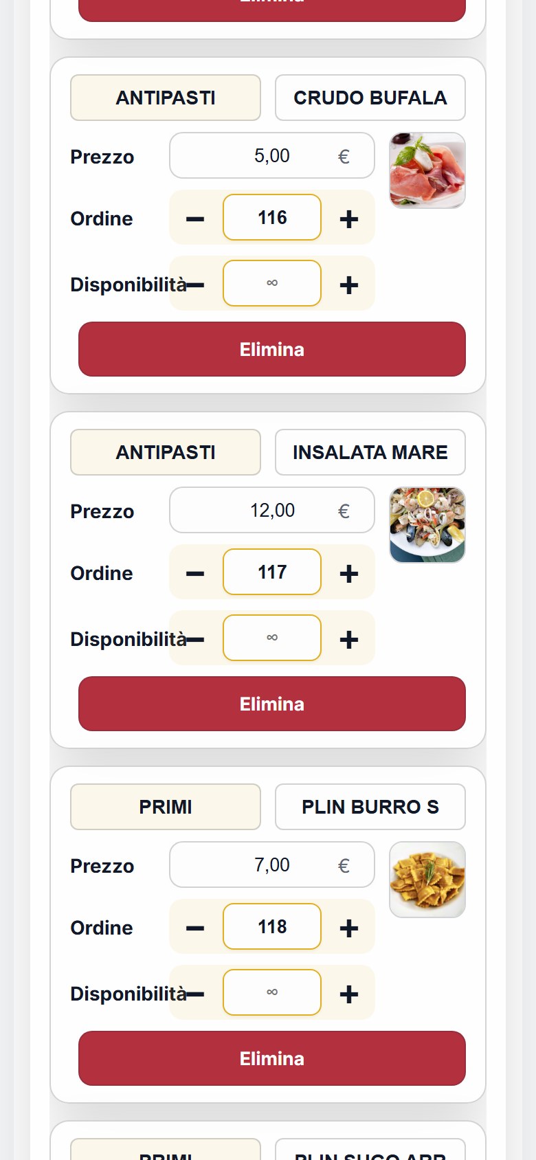 Elenco prodotti di OpenSagra su smartphone, con immagini e prezzi