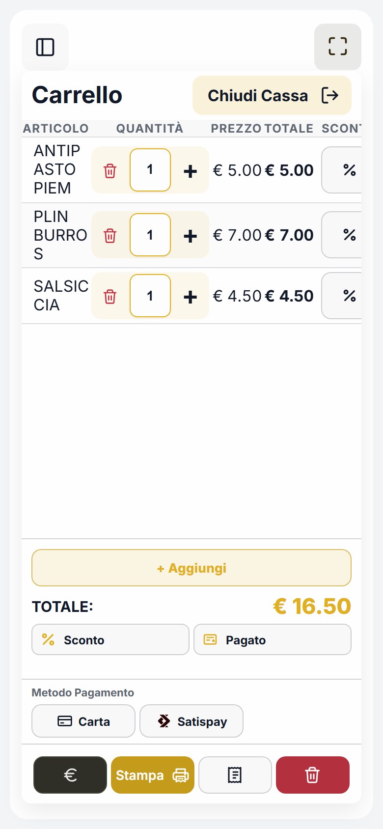 Schermata Vendite di OpenSagra su smartphone, con carrello